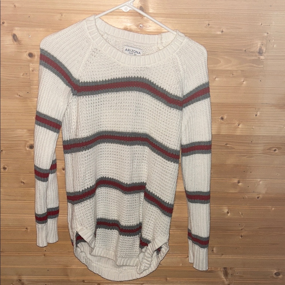 Arizona Jean Company Women's Cream and Red Striped Sweater